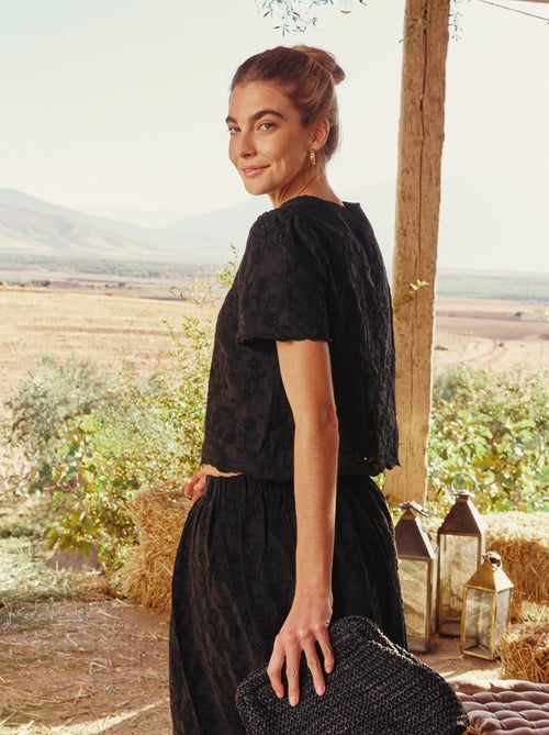 Top met korte mouwen en Engels borduurwerk van effen katoen - Kiabi