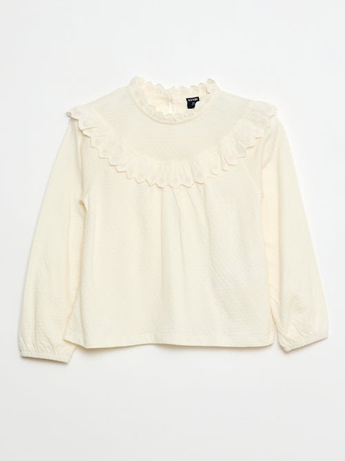 Top met lange mouw, ronde hals en halsinzet met ruches en borduursel - Kiabi