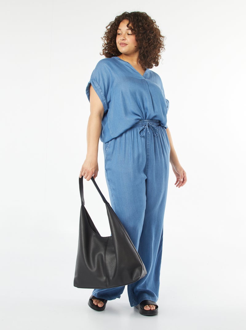 Top met maokraag en opstroopbare, korte mouwen BLAUW - Kiabi