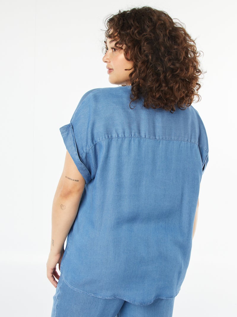 Top met maokraag en opstroopbare, korte mouwen BLAUW - Kiabi