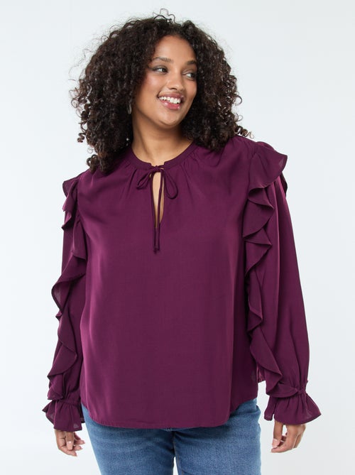 Top met ruches op de schouders en mouwboordjes + strikkoordje aan de hals - Kiabi