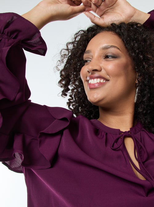 Top met ruches op de schouders en mouwboordjes + strikkoordje aan de hals - Kiabi