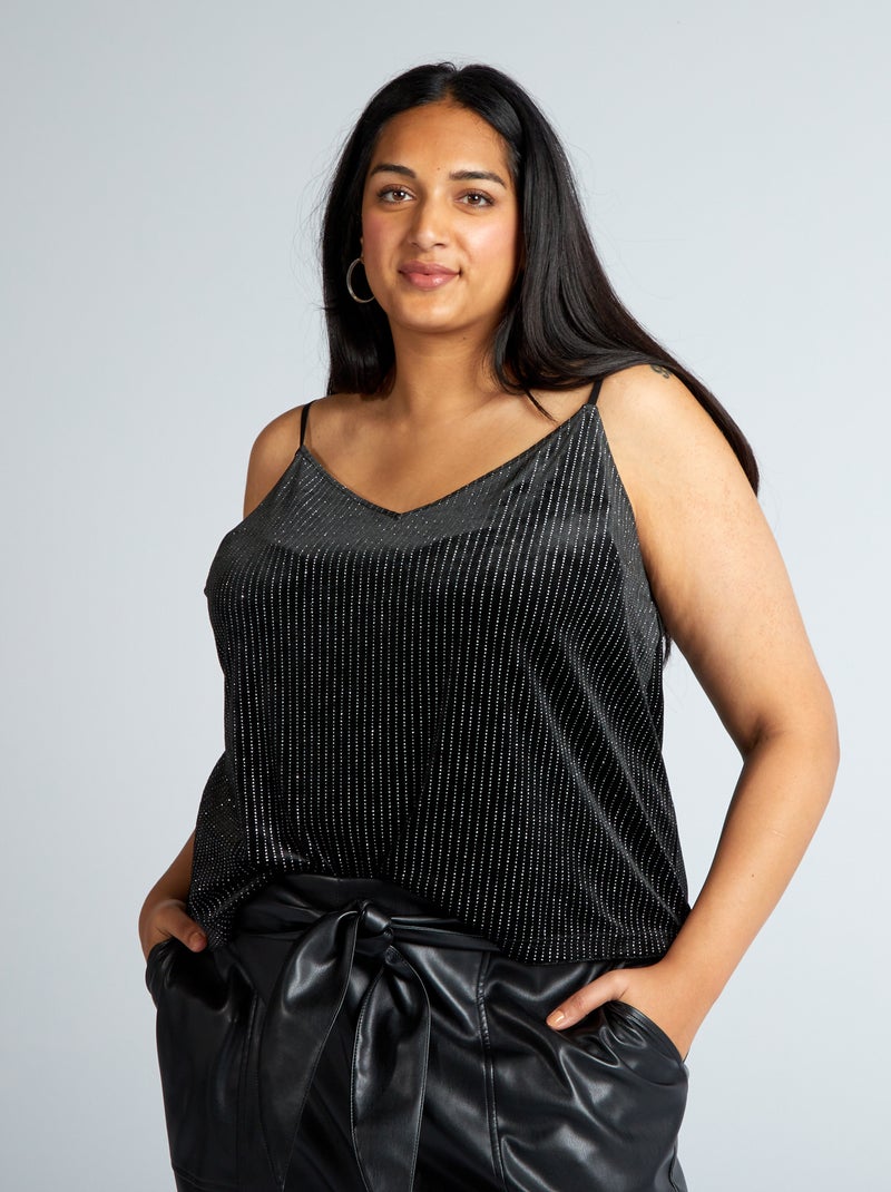 Top met spaghettibandjes en glanzende details ZWART - Kiabi