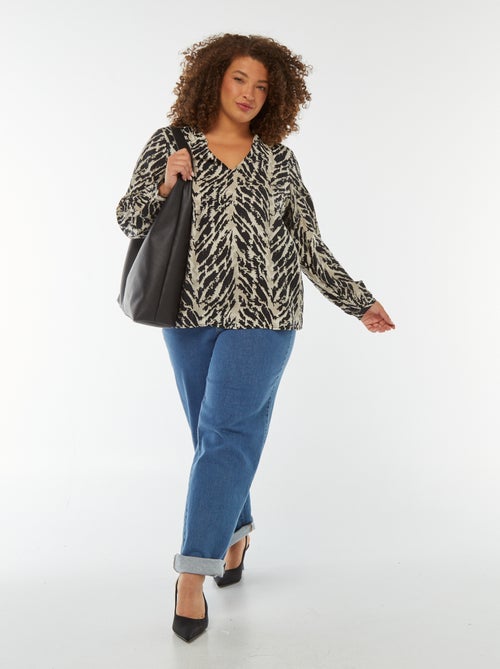 Top met V-hals en lange mouwen met motiefje - Kiabi