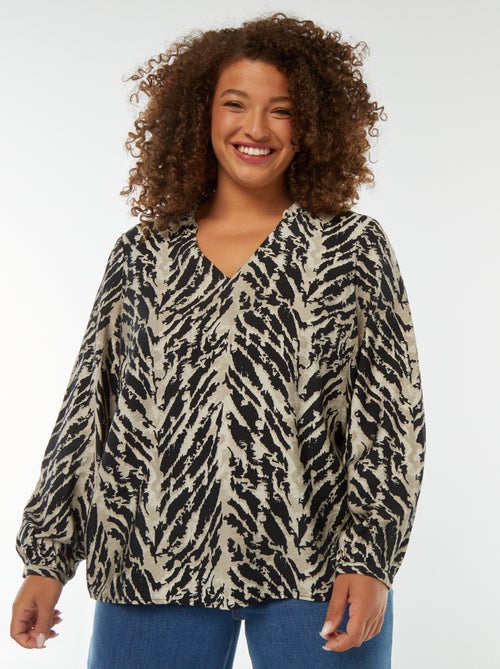 Top met V-hals en lange mouwen met motiefje - Kiabi