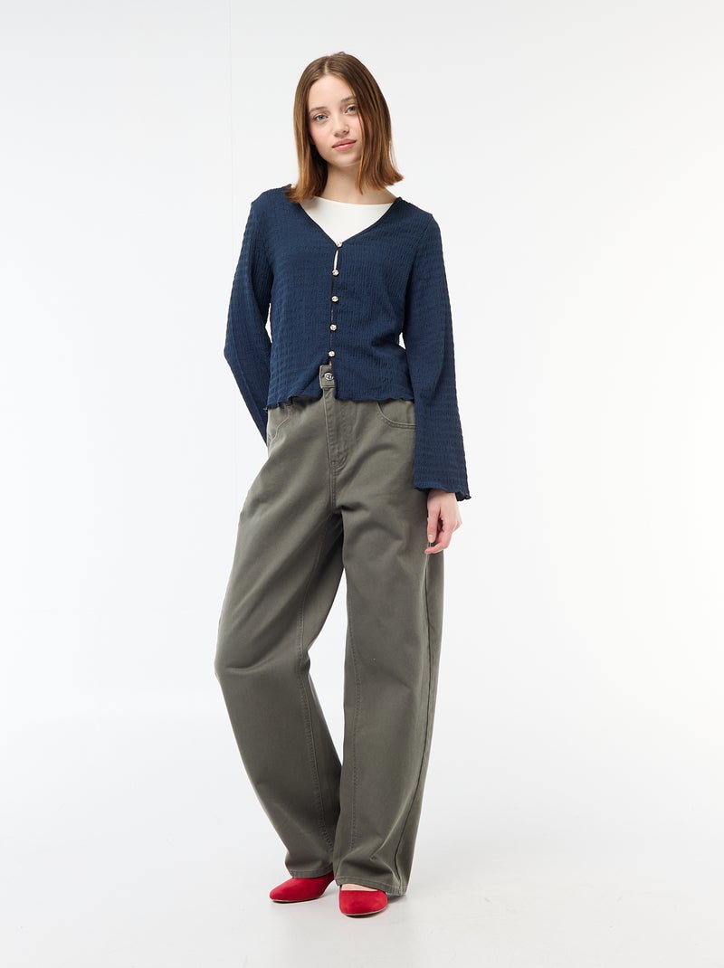 Top met V-hals van gewafelde jerseytricot met goudkleurige knopen Blauw - Kiabi