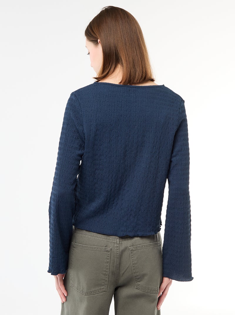 Top met V-hals van gewafelde jerseytricot met goudkleurige knopen Blauw - Kiabi