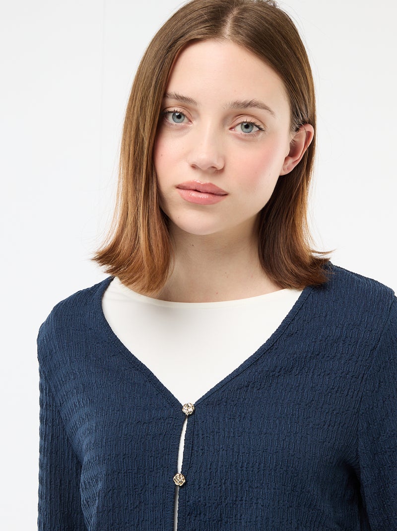 Top met V-hals van gewafelde jerseytricot met goudkleurige knopen Blauw - Kiabi