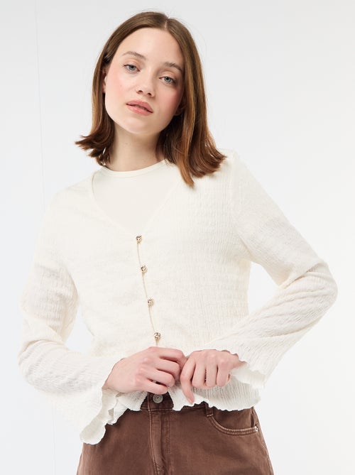 Top met V-hals van gewafelde jerseytricot met goudkleurige knopen - Kiabi