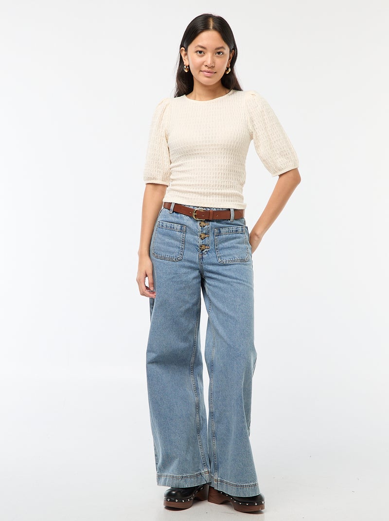 Top met wafeltextuur en ronde hals Wit - Kiabi