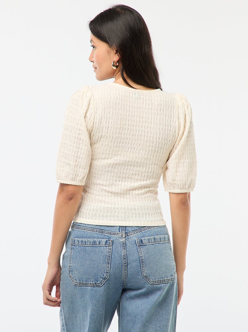 Top met wafeltextuur en ronde hals Wit - Kiabi