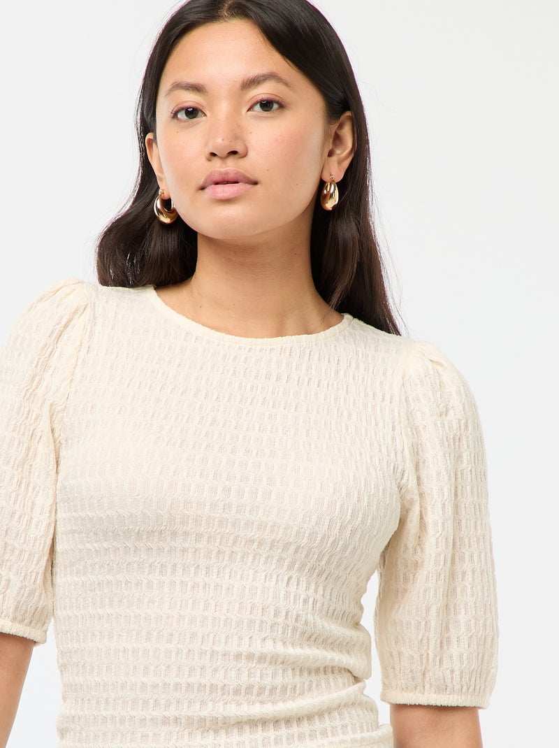 Top met wafeltextuur en ronde hals Wit - Kiabi