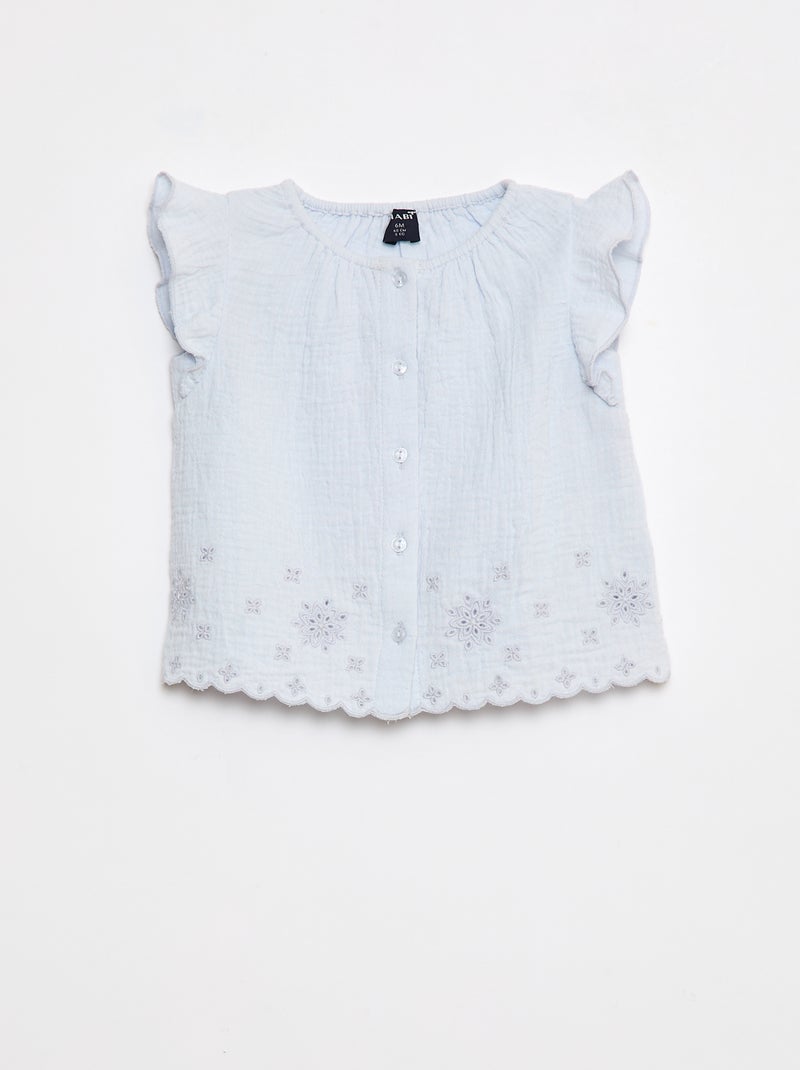 Top van zachte, luchtige katoen met korte mouw met ruches Blauw - Kiabi