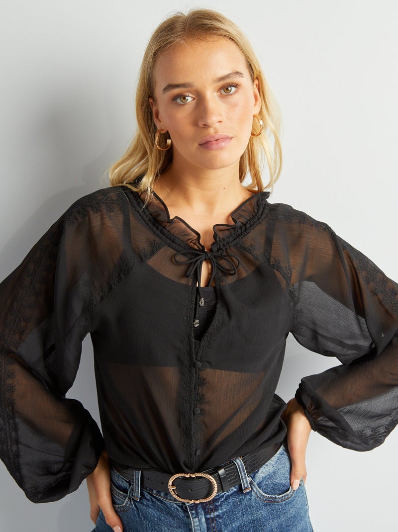 Transparante blouse met borduursel zwart - Kiabi
