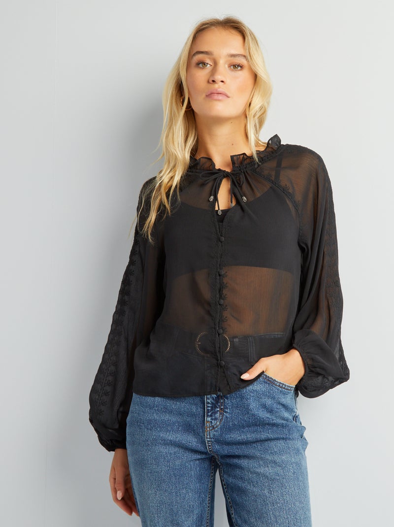 Transparante blouse met borduursel zwart - Kiabi