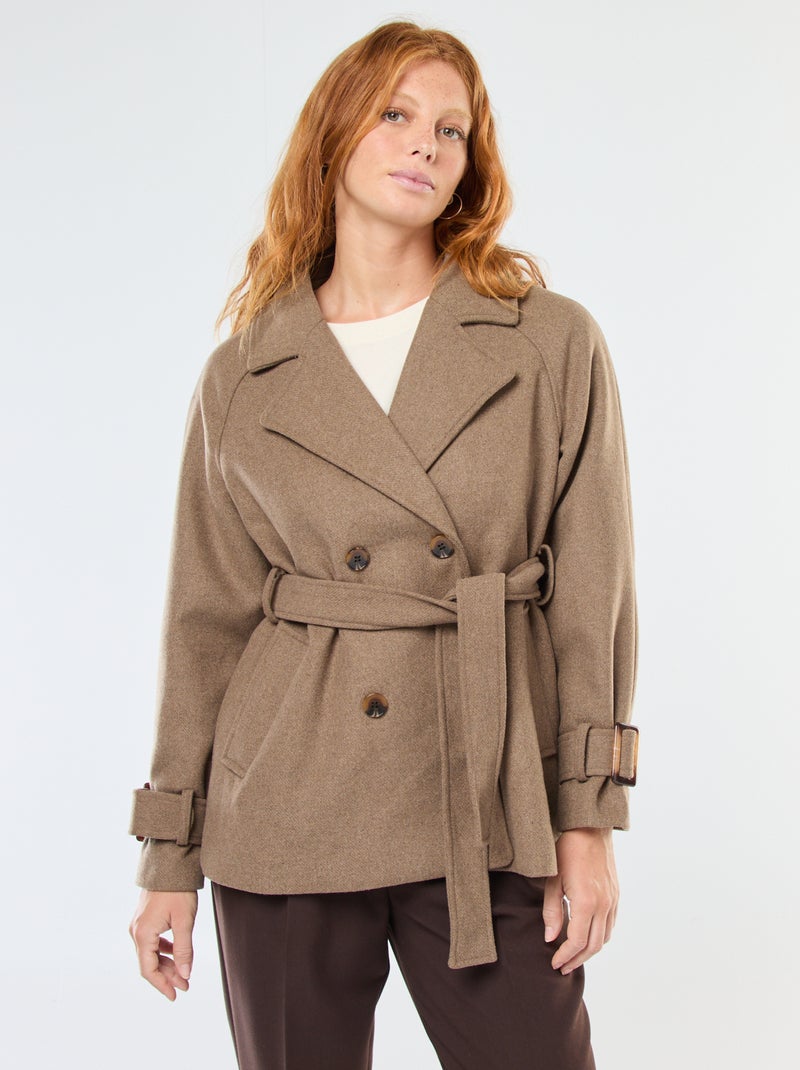 Trenchcoat met woleffect en ceintuur aan de taille Biege - Kiabi