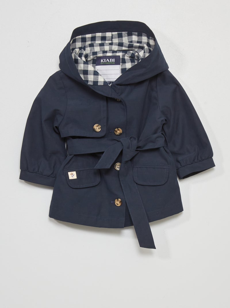 Trenchcoat van microvezel met capuchon BLAUW - Kiabi