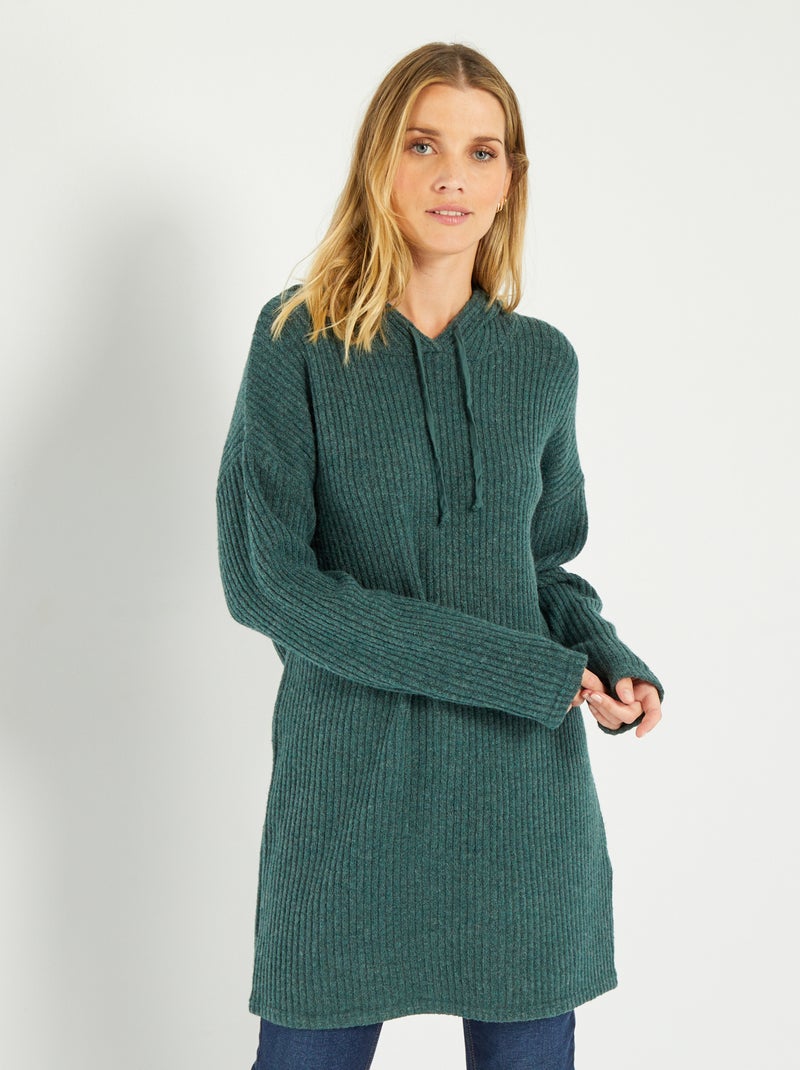 Trui-jurk met capuchon van ribstof GROEN - Kiabi