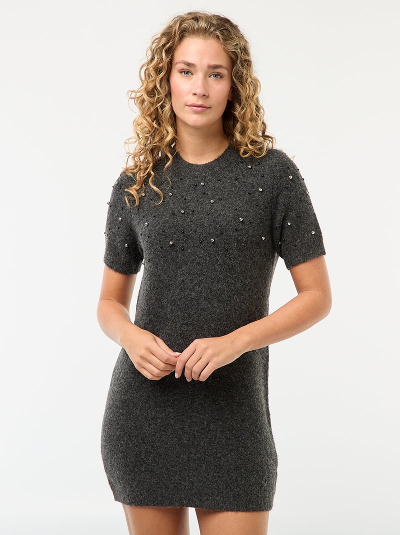 Trui-jurk van zacht tricot met kraaltjes Grijs - Kiabi