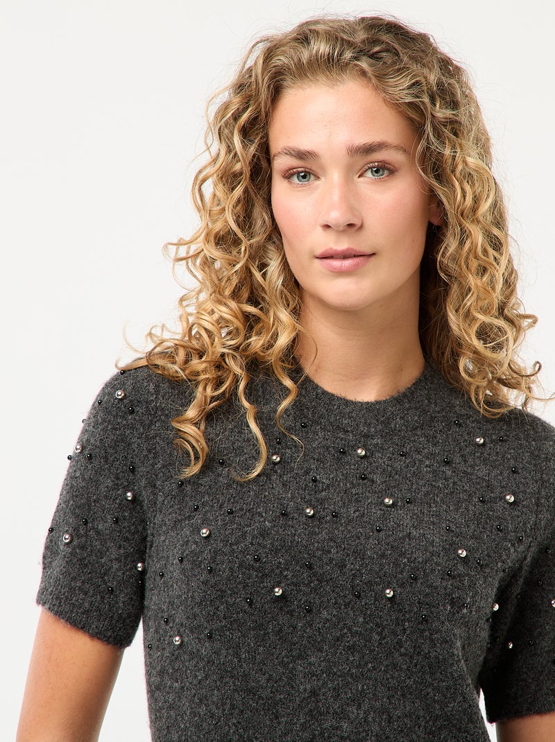 Trui-jurk van zacht tricot met kraaltjes Grijs - Kiabi