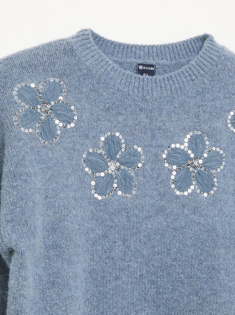 Trui met geborduurde bloemen en pailletten Blauw - Kiabi