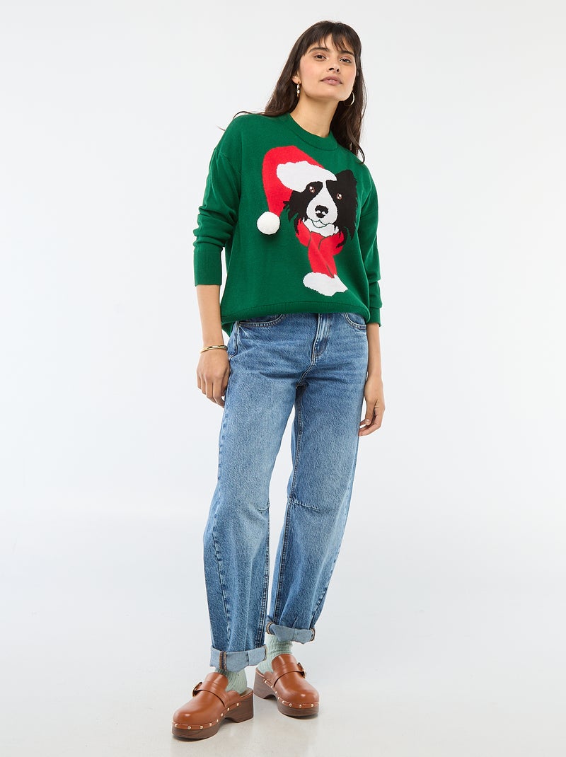 Trui met kersthondprint Groen - Kiabi