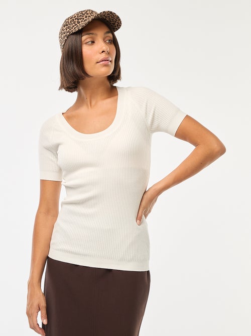 Trui met ribbelpatroon, korte mouw en wijde, ronde hals - Kiabi