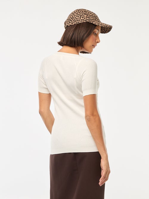 Trui met ribbelpatroon, korte mouw en wijde, ronde hals - Kiabi