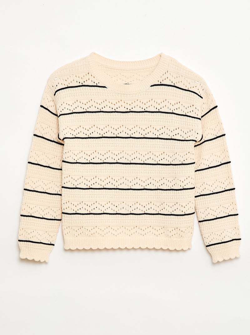 Trui met ronde hals van fantasiebreisel met opengewerkte katoenen motieven Wit - Kiabi