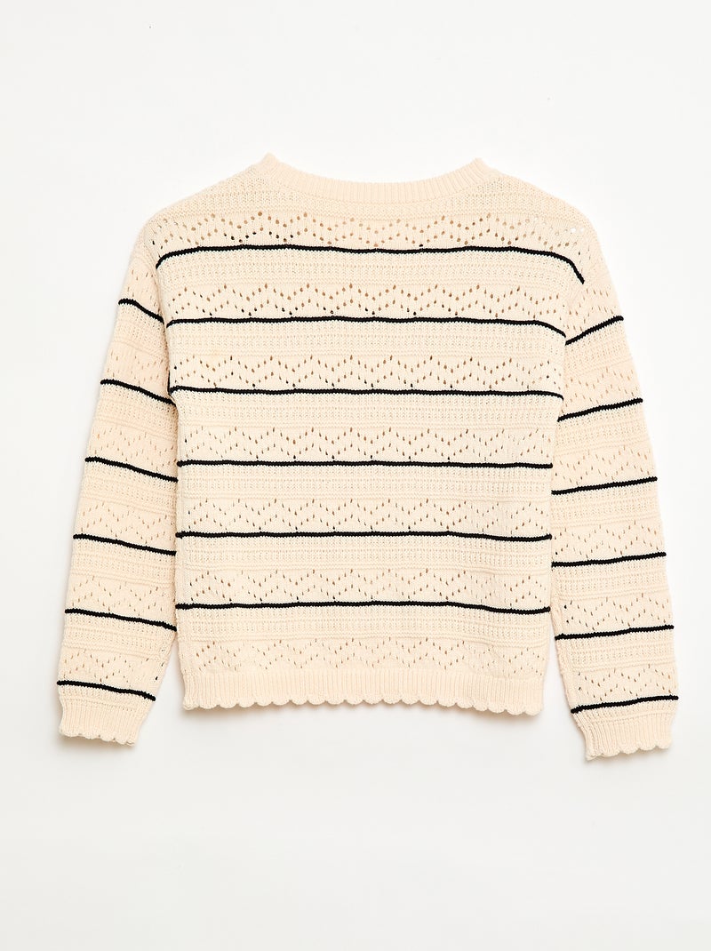 Trui met ronde hals van fantasiebreisel met opengewerkte katoenen motieven Wit - Kiabi