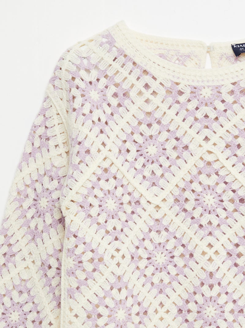 Trui van ajourtricot met bloemenborduursels Paars - Kiabi