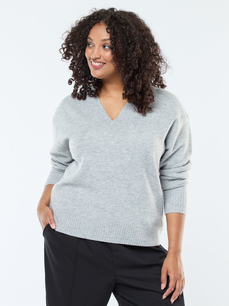 Trui van dik tricot met V-hals Grijs - Kiabi