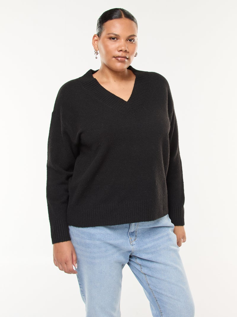 Trui van dik tricot met V-hals zwart - Kiabi