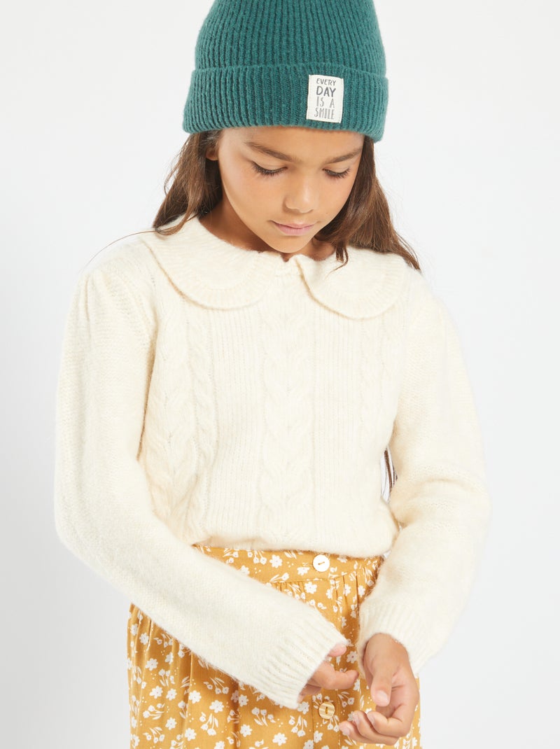 Trui van kabeltricot met kraagje WIT - Kiabi