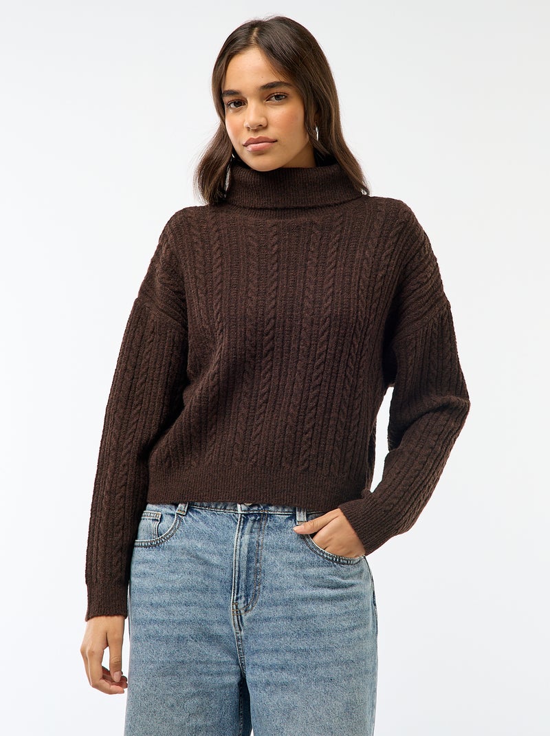 Trui van kabeltricot met opstaande kraag Biege - Kiabi