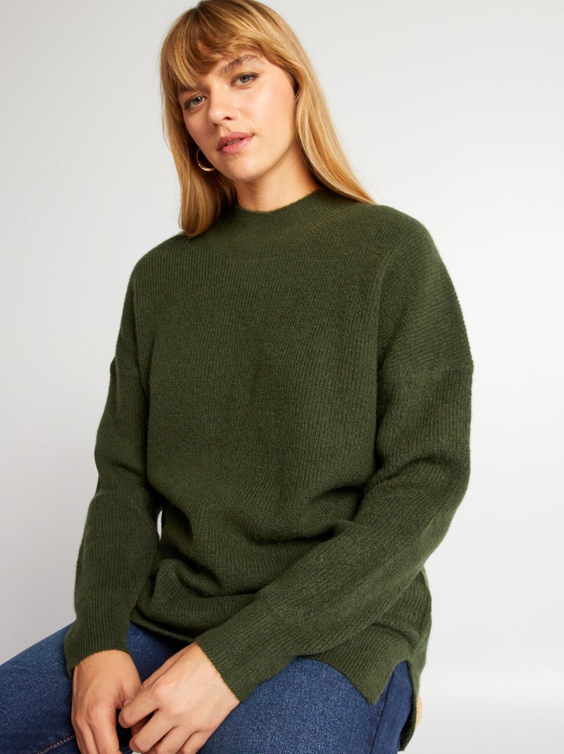 Trui van ribtricot met opstaande kraag GROEN - Kiabi