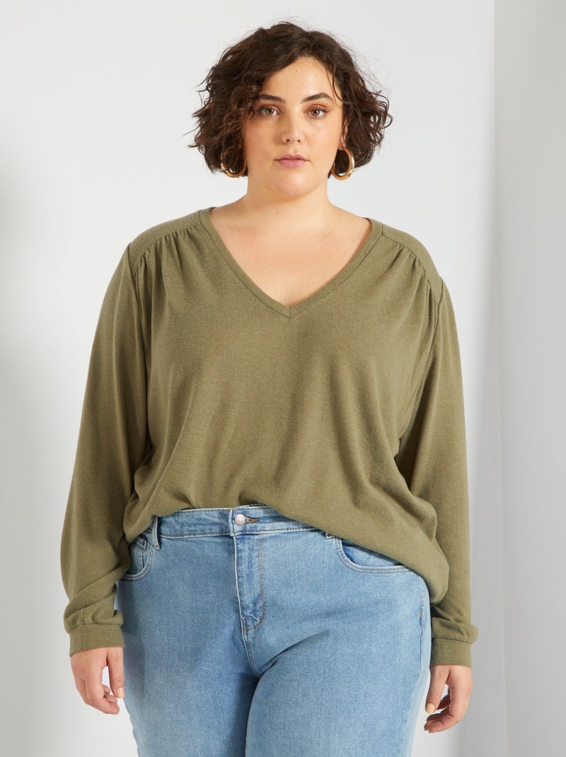 Trui van zacht tricot met V-hals groen - Kiabi