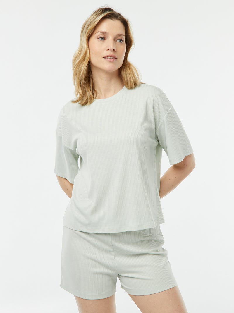 Tweedelige korte pyjama van ribstof BLAUW - Kiabi