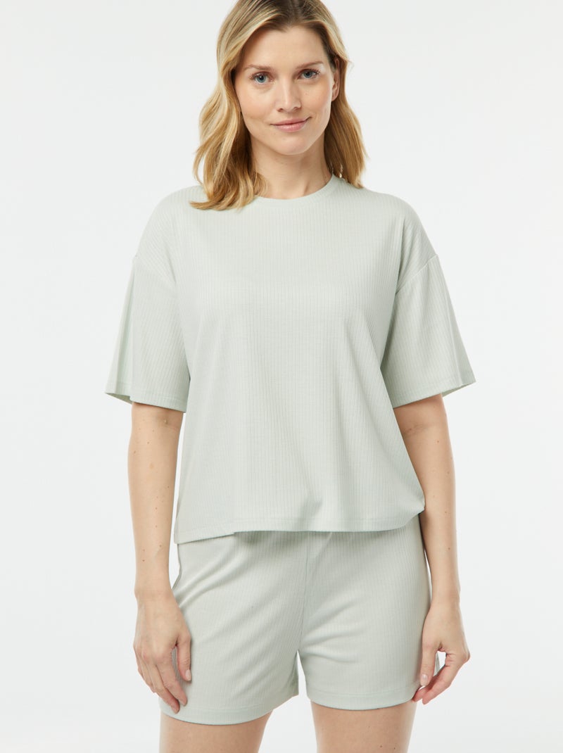 Tweedelige korte pyjama van ribstof BLAUW - Kiabi