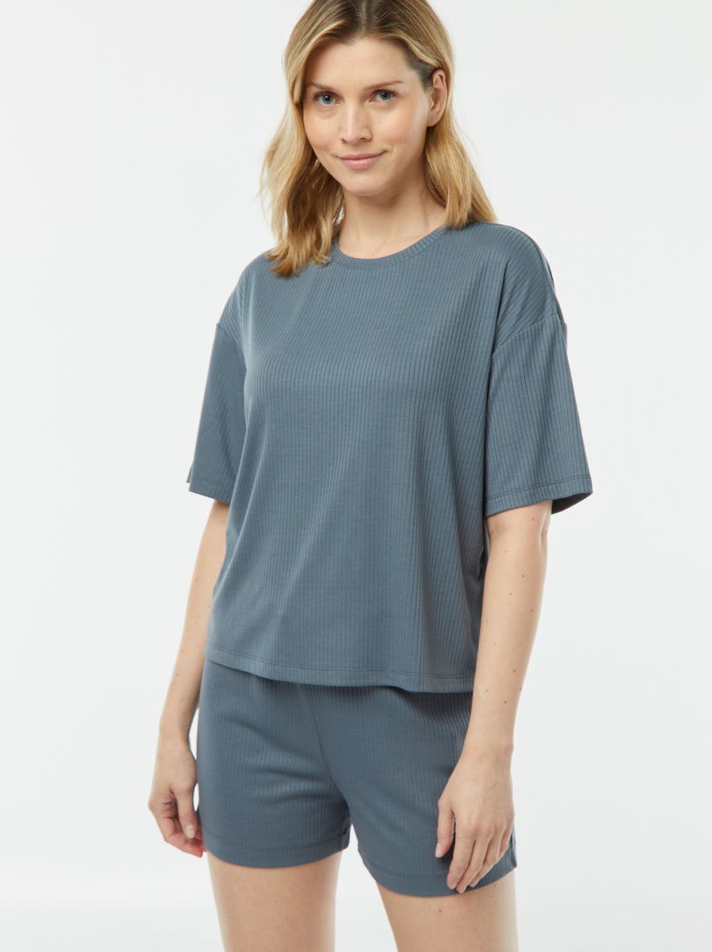 Tweedelige korte pyjama van ribstof GRIJS - Kiabi