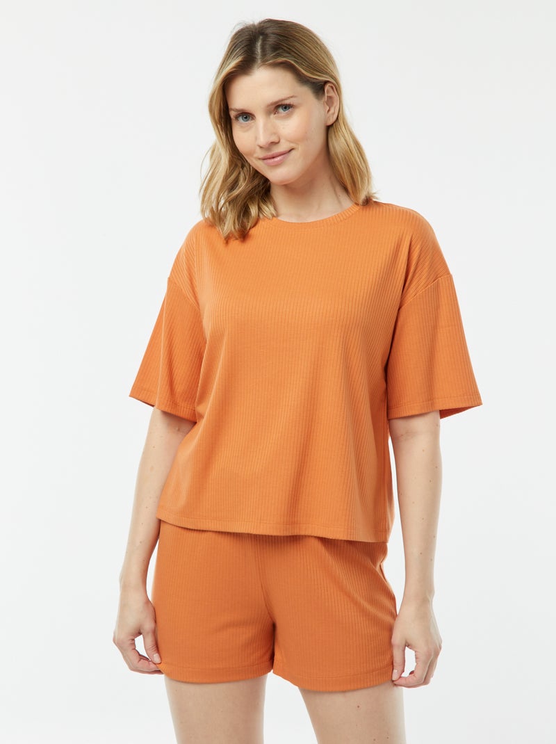 Tweedelige korte pyjama van ribstof ORANJE - Kiabi