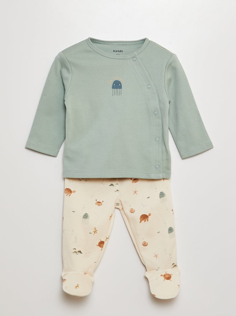 Tweedelige pyjama met T-shirt + broek met voetjes - 2-delig WIT - Kiabi
