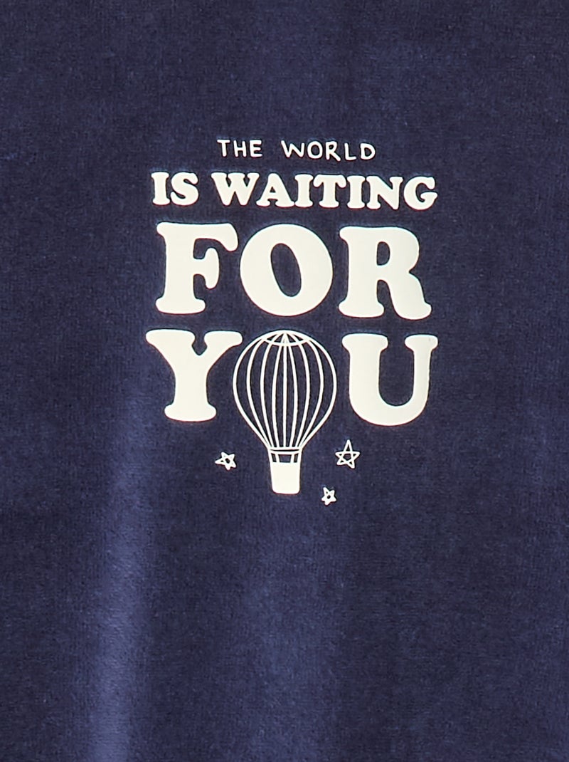 Velours pyjama met voetjes en animatie vooraan Blauw - Kiabi