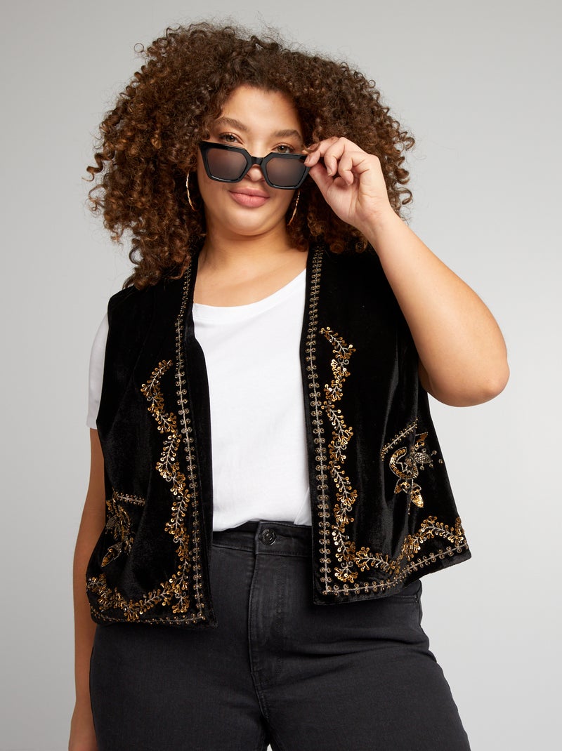 Vest van velours met borduursel - zwart - Kiabi