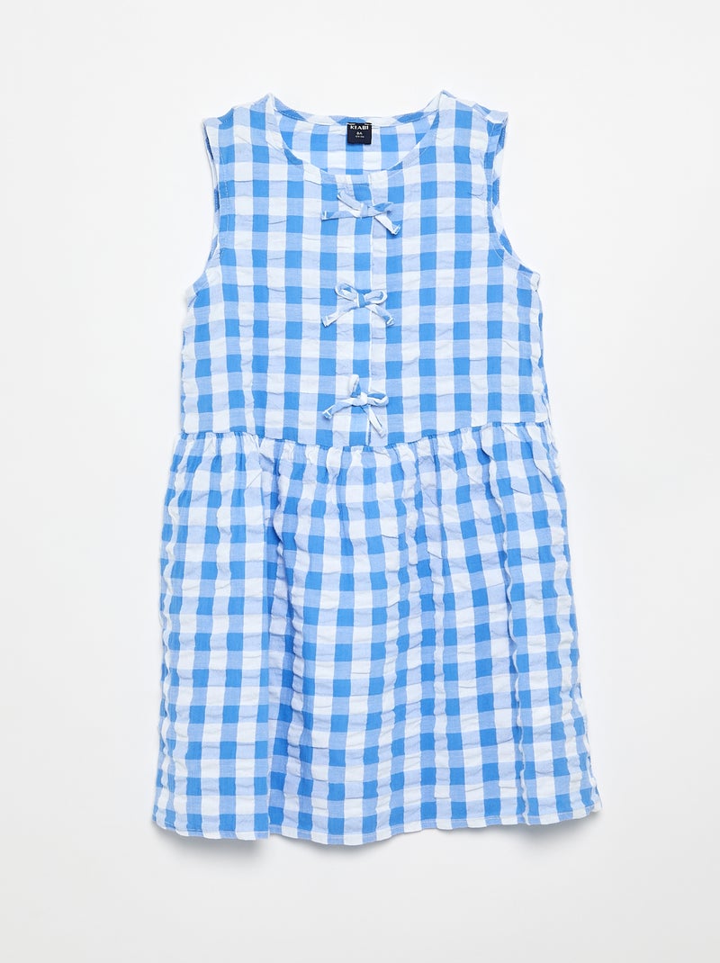 Vichy-jurk met korte mouwen, strik en scrunchie Blauw - Kiabi