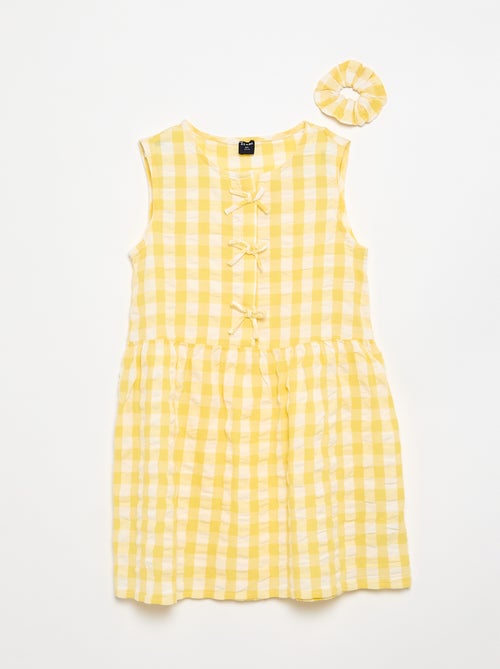 Vichy-jurk met korte mouwen, strik en scrunchie - Kiabi