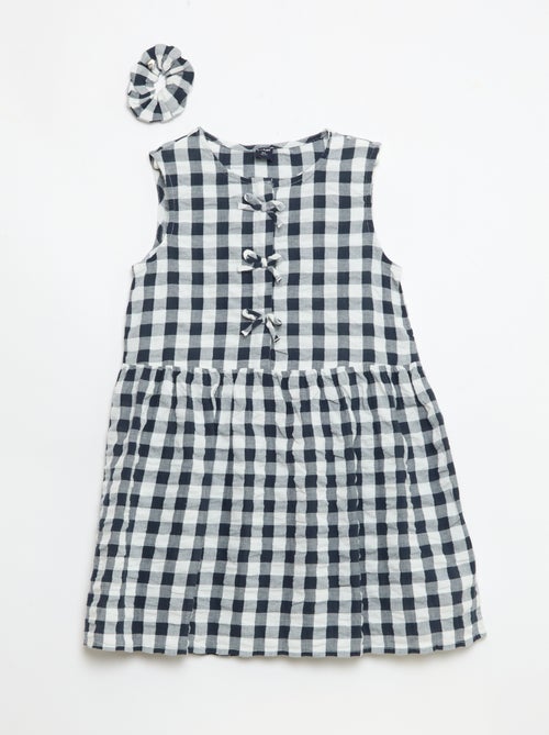 Vichy-jurk met korte mouwen, strik + scrunchie - Kiabi