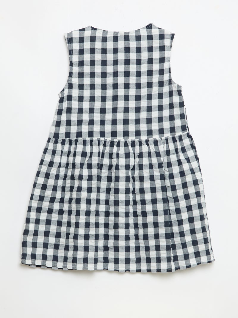 Vichy-jurk met korte mouwen, strik + scrunchie Blauw - Kiabi