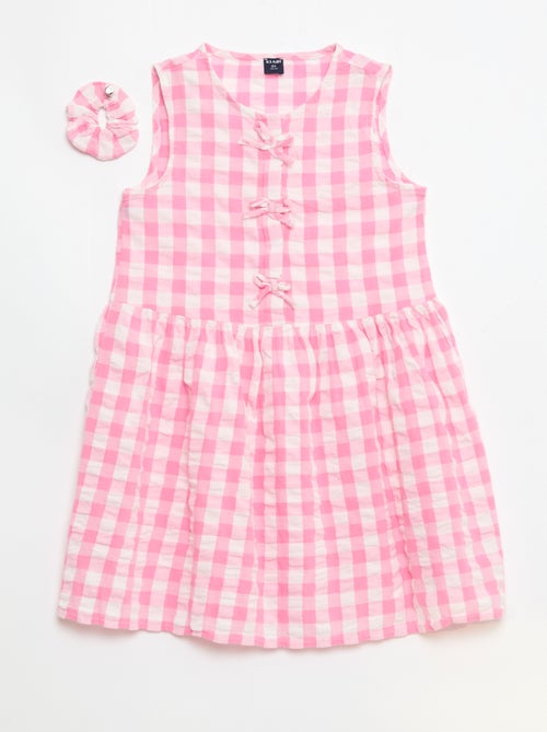 Vichy-jurk met korte mouwen, strik + scrunchie - Kiabi