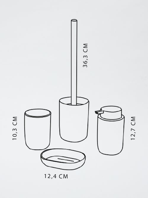 Vierdelig setje - Zeephouder + zeepdispenser + tandenborstelpotje + toiletborstel - Kiabi